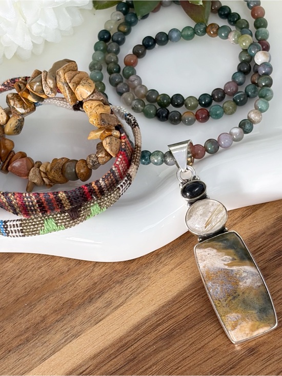 Southwest Jewelry - Onyx Golden Rutile Quartz Ocean Jasper Pendant Necklace Jewelry Set Lot New 925